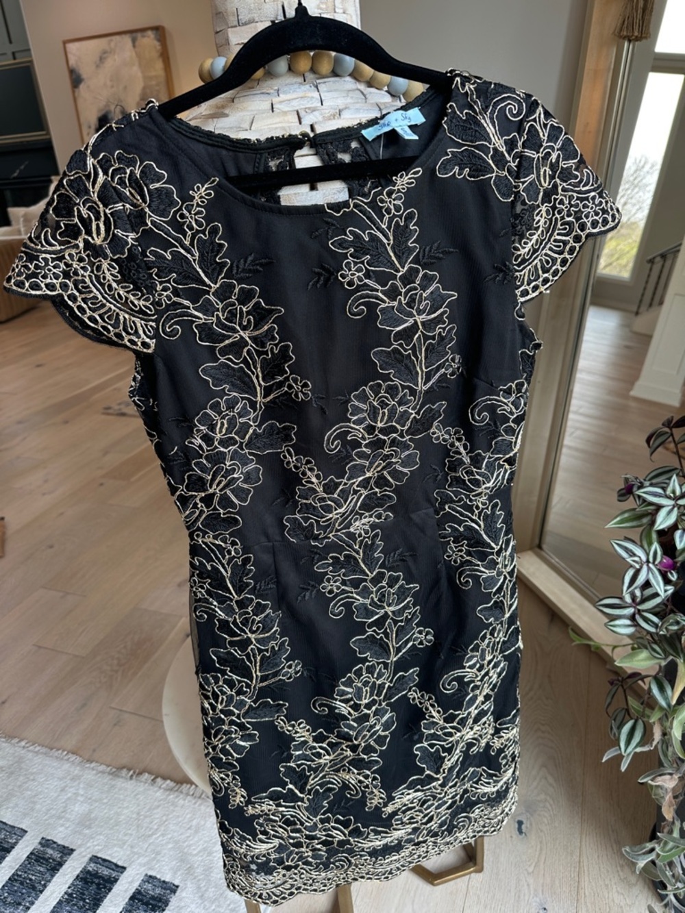 She + Sky Black Open Back Dress with Gold Floral Embroidery